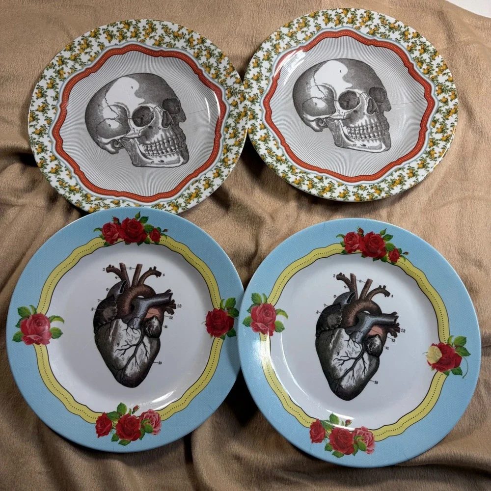Set of 4 Anatomical Skull and Heart Melamine Dinner Plates Gothic Floral 10 Inch
